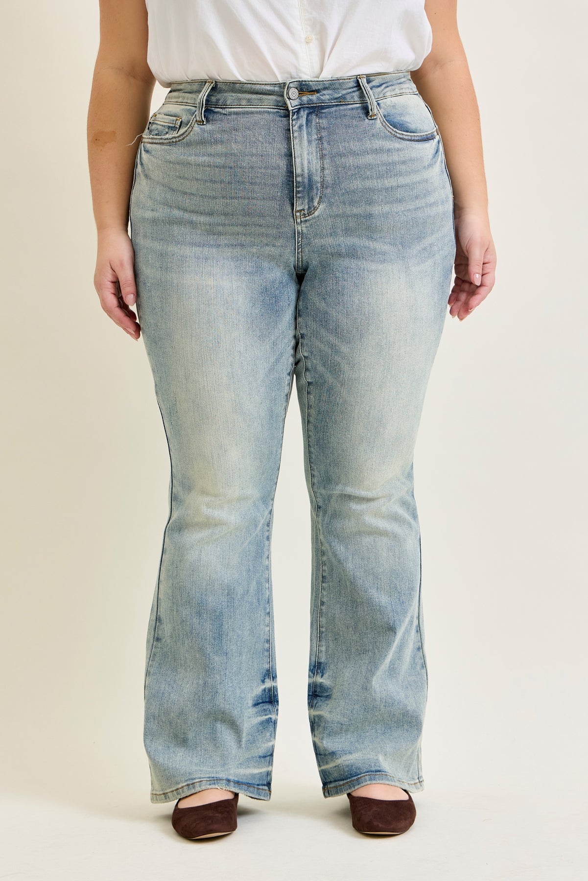 Megan Mid Rise Tinted Pin Tack Detail Flare Jeans - PLUS