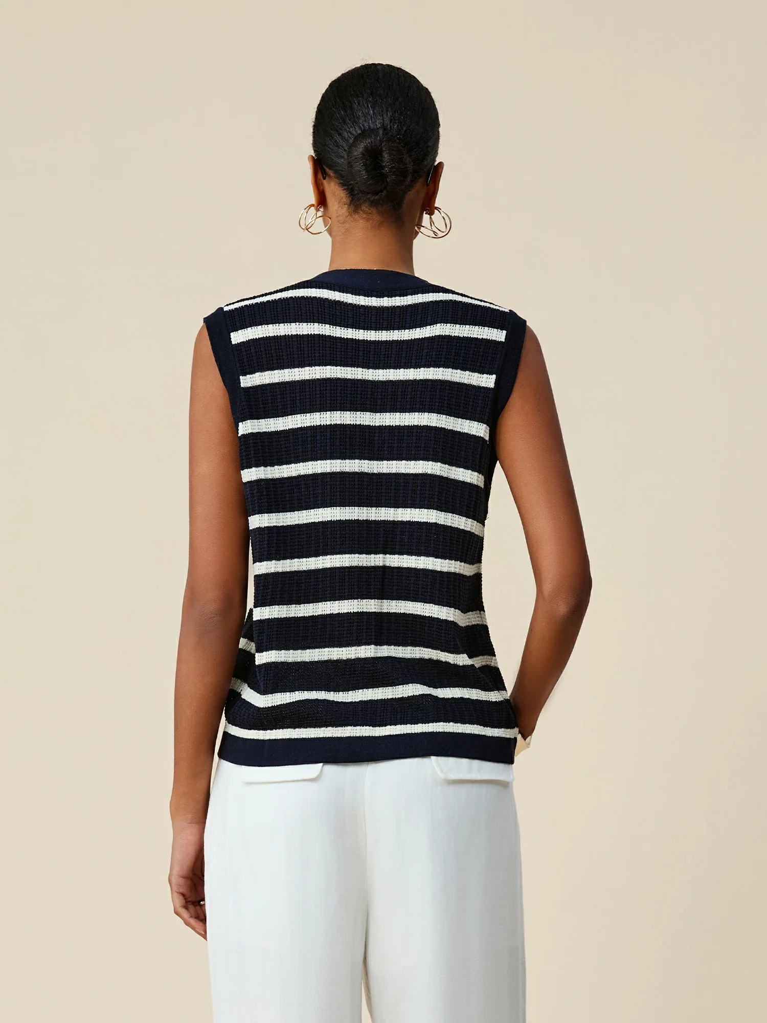 Lyocell & Linen V-Neck Sleeveless Striped Knitted Vest