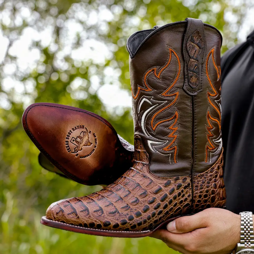 Honey Caiman Hornback Leather Boots - Round Toe