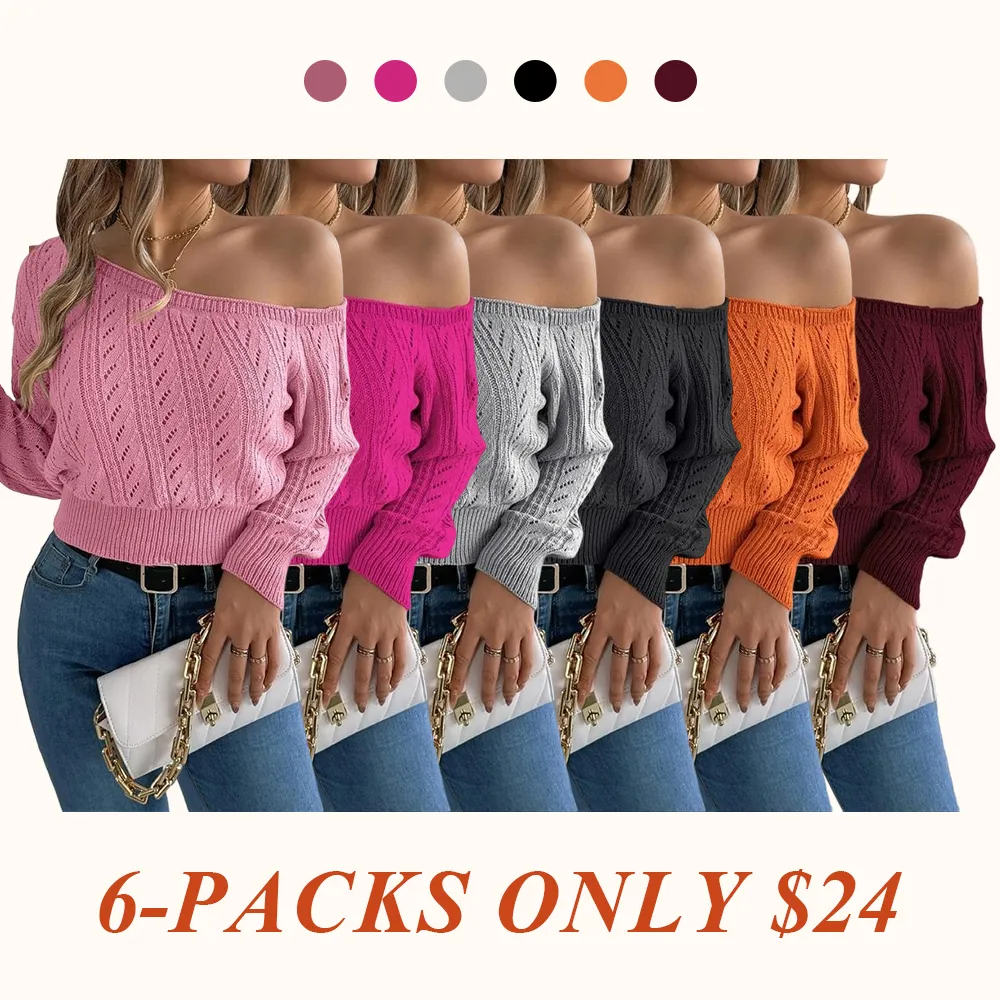 Women's Plain Textured Hollow Out Asymmetrical Neck Sweater