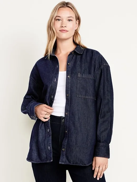 Boyfriend-style button-down denim shirt