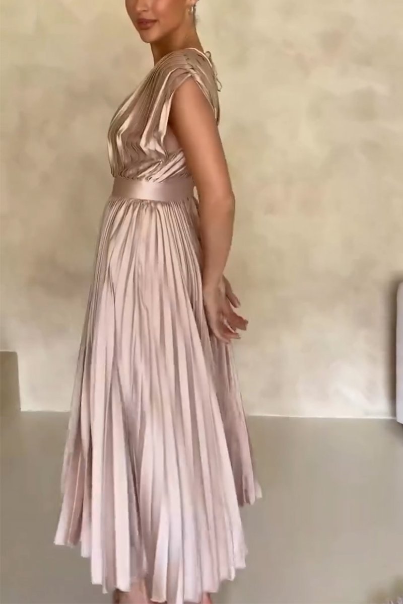 Women's Elegant V-Neck Pleated Dress