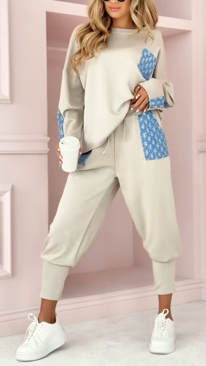 Women's Round Neck Patchwork Top + Drawstring Pants Casual Commuter Suit