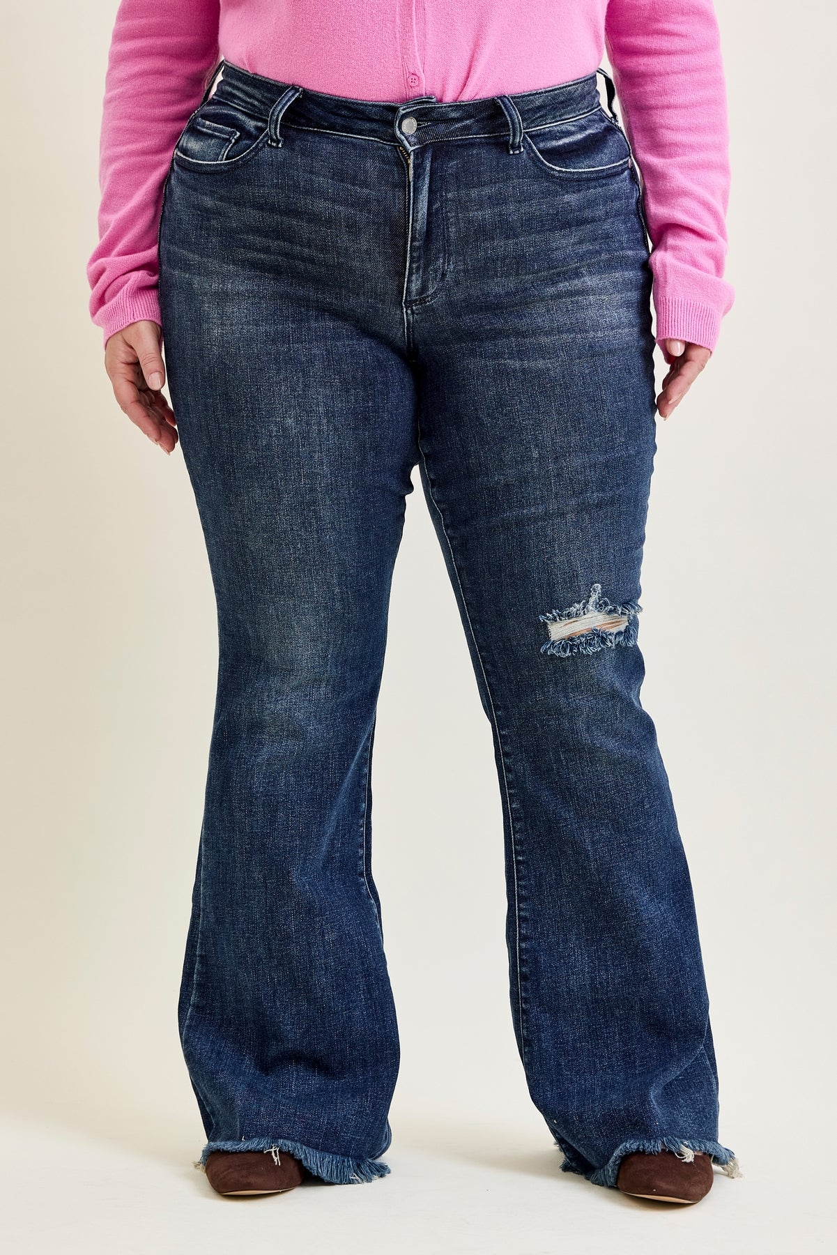 Amanda Mid Rise Flare Jeans with Distressed Knee & Frayed Hem - PLUS