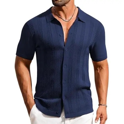 Men's Knit Shirts Short Sleeve Casual Button Down Polo Shirt Summer Beach Vacation Shirts Outfit Top