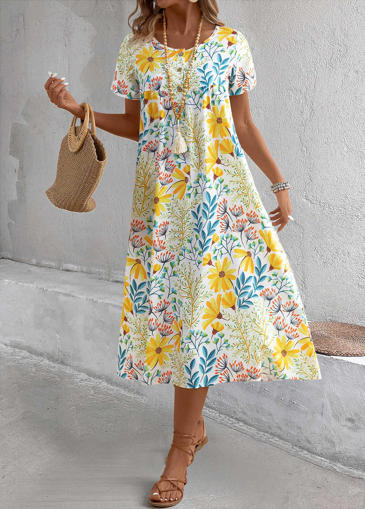Yellow Pocket Floral Print A Line Short Sleeve Dress