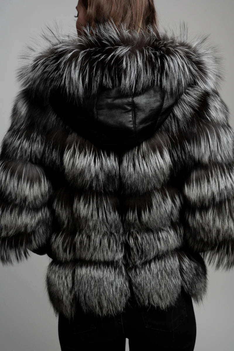 Haină din Blană Naturală de Vulpe, cu Glugă, Femei, Grey Frost 253