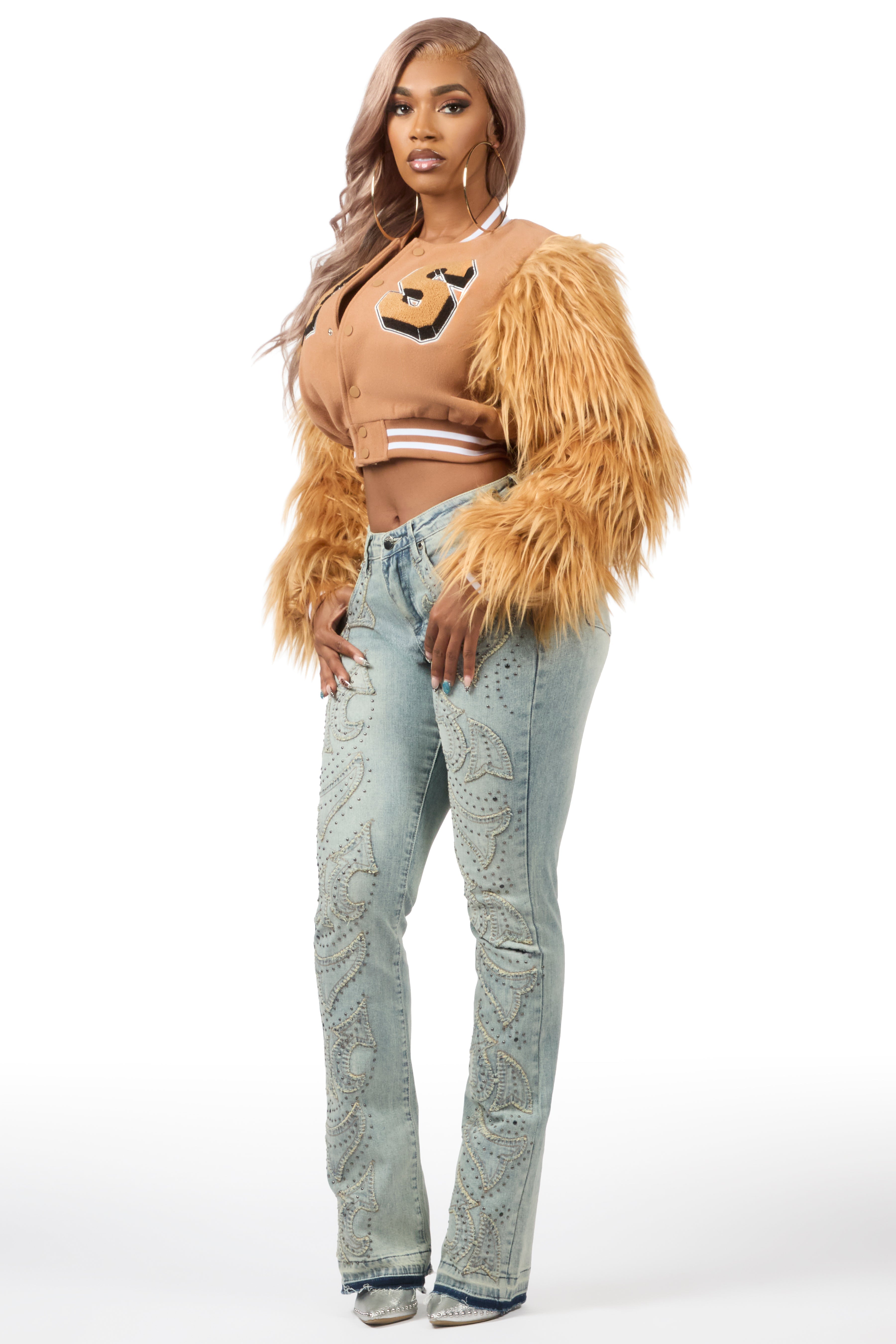 Jameicia Mocha Fur Sleeve Varsity Jacket