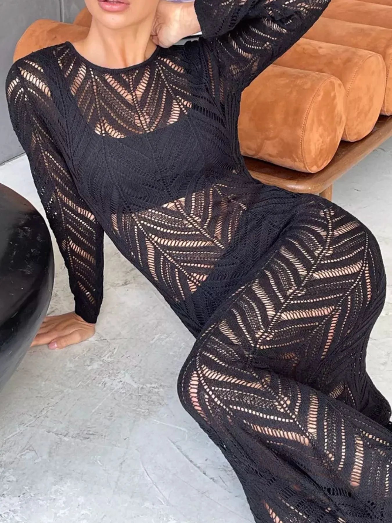 Openwork Long Sleeve Knit Cover Up Dress