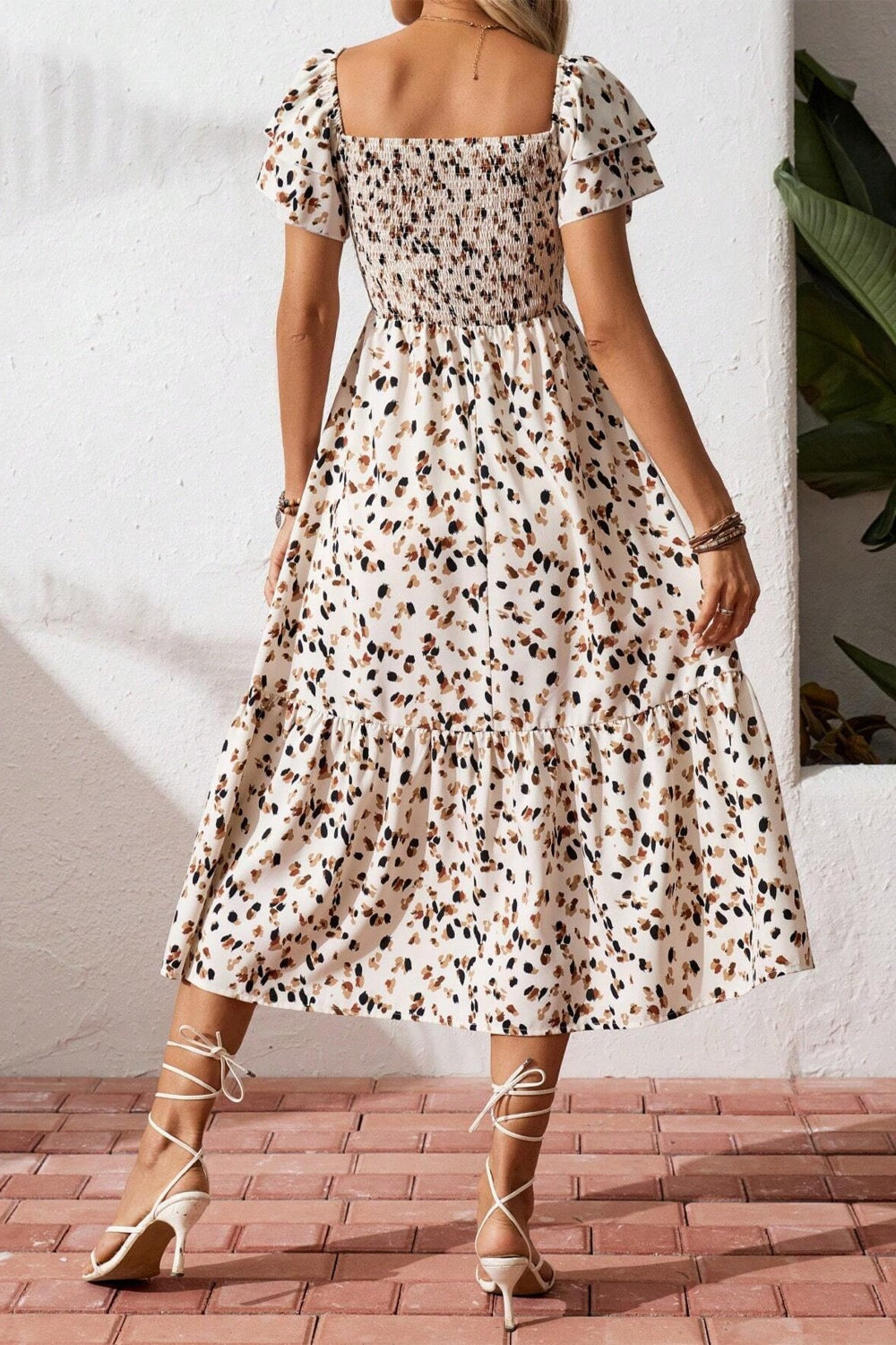 Square Neck Ruffle Sleeve Midi Dress