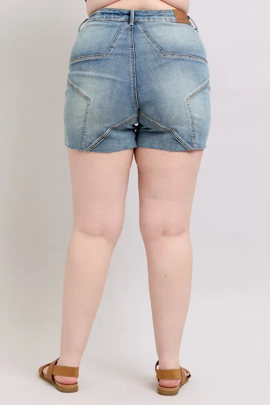 High Waist Star Seam Detail Denim Shorts