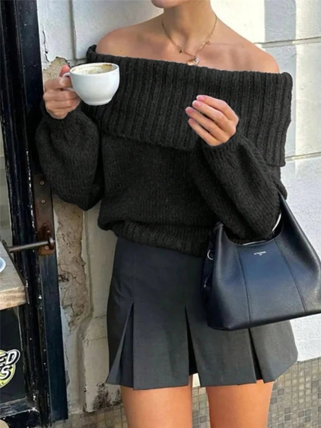 Off-Shoulder Ribbed Long Sleeve Sweater