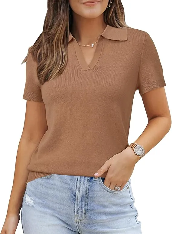 Womens Wool Blend Polo Shirts Spring Summer Sweater Tops