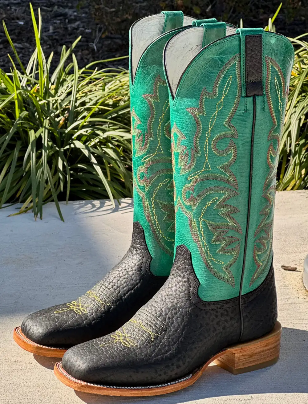 Mens Black Bull Hide Leather Boots With Green Shaft