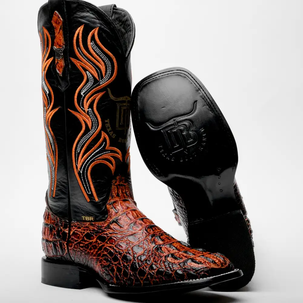 Cognac Caiman Neck Leather Boots - Square Toe