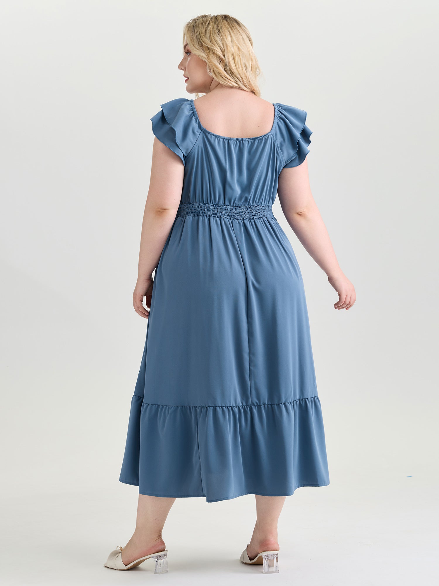 Ruched Shirred Back Layered Sleeve Midi Dress