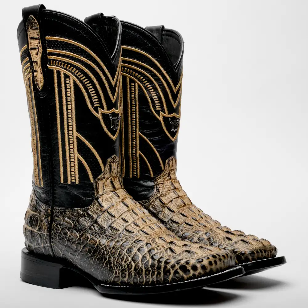 Orix Two-Tone Caiman Neck Leather Boots - Square Toe
