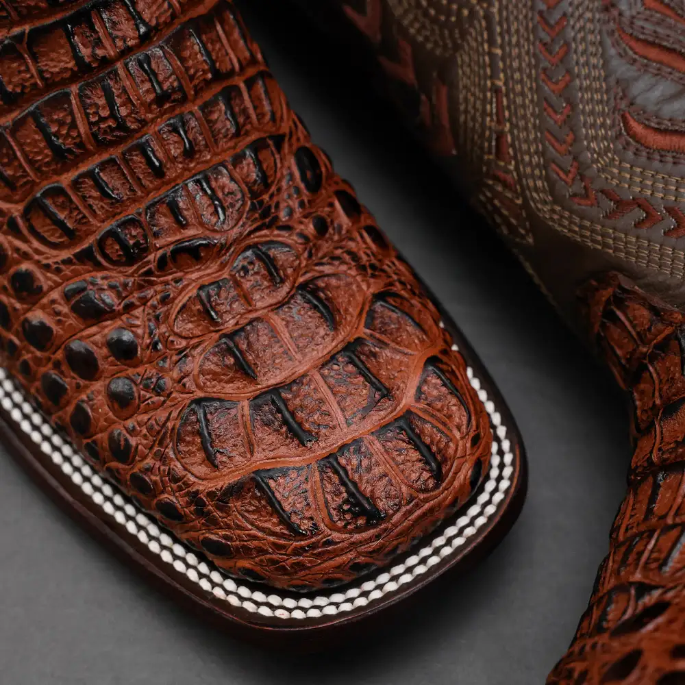 Cognac Caiman Neck Leather Boots - Square Toe