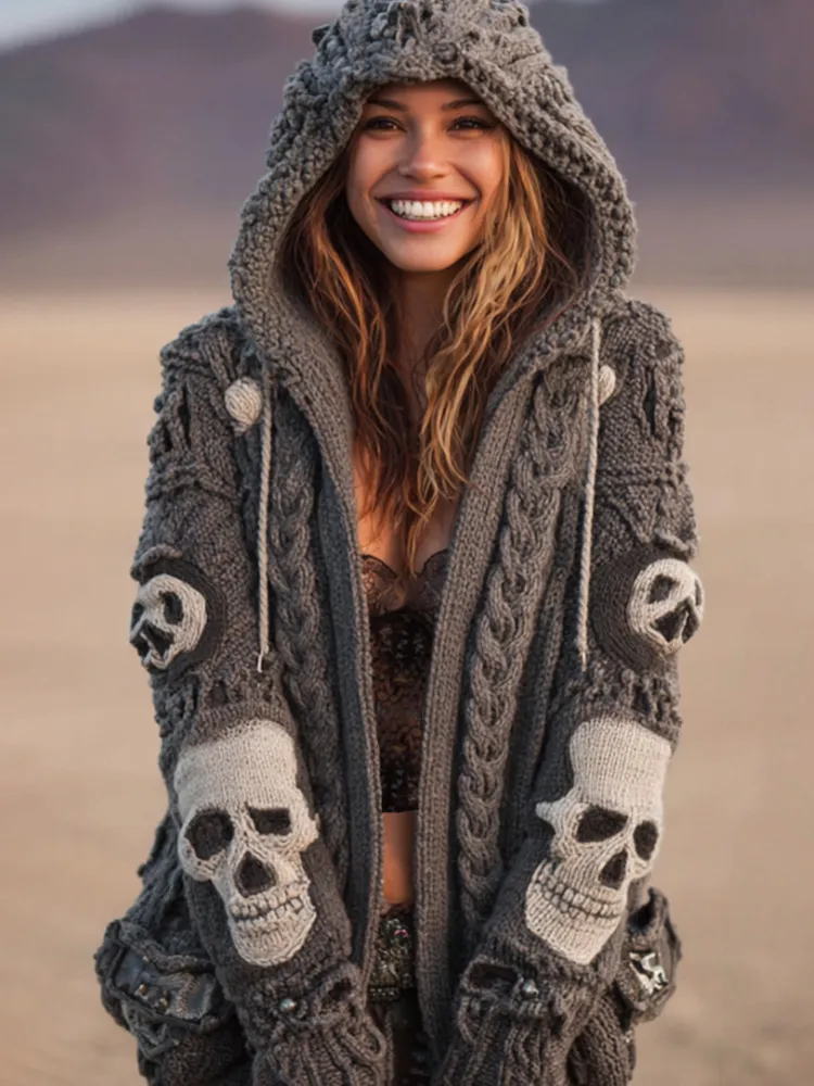 Women's Skull Embroidery Gray Vintage Hooded Sweater