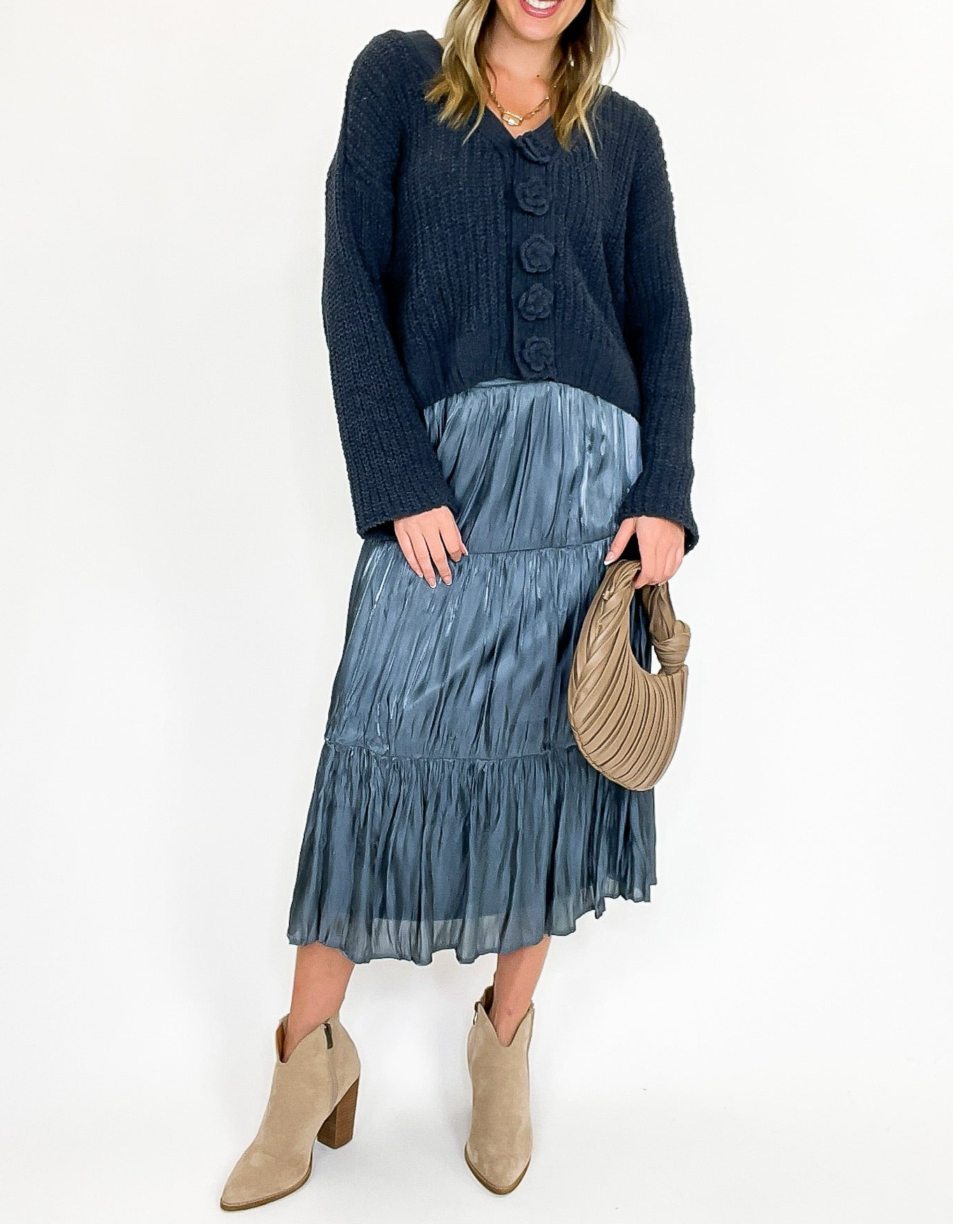 Captivating Delight Tiered Crinkle Shimmer Satin Skirt