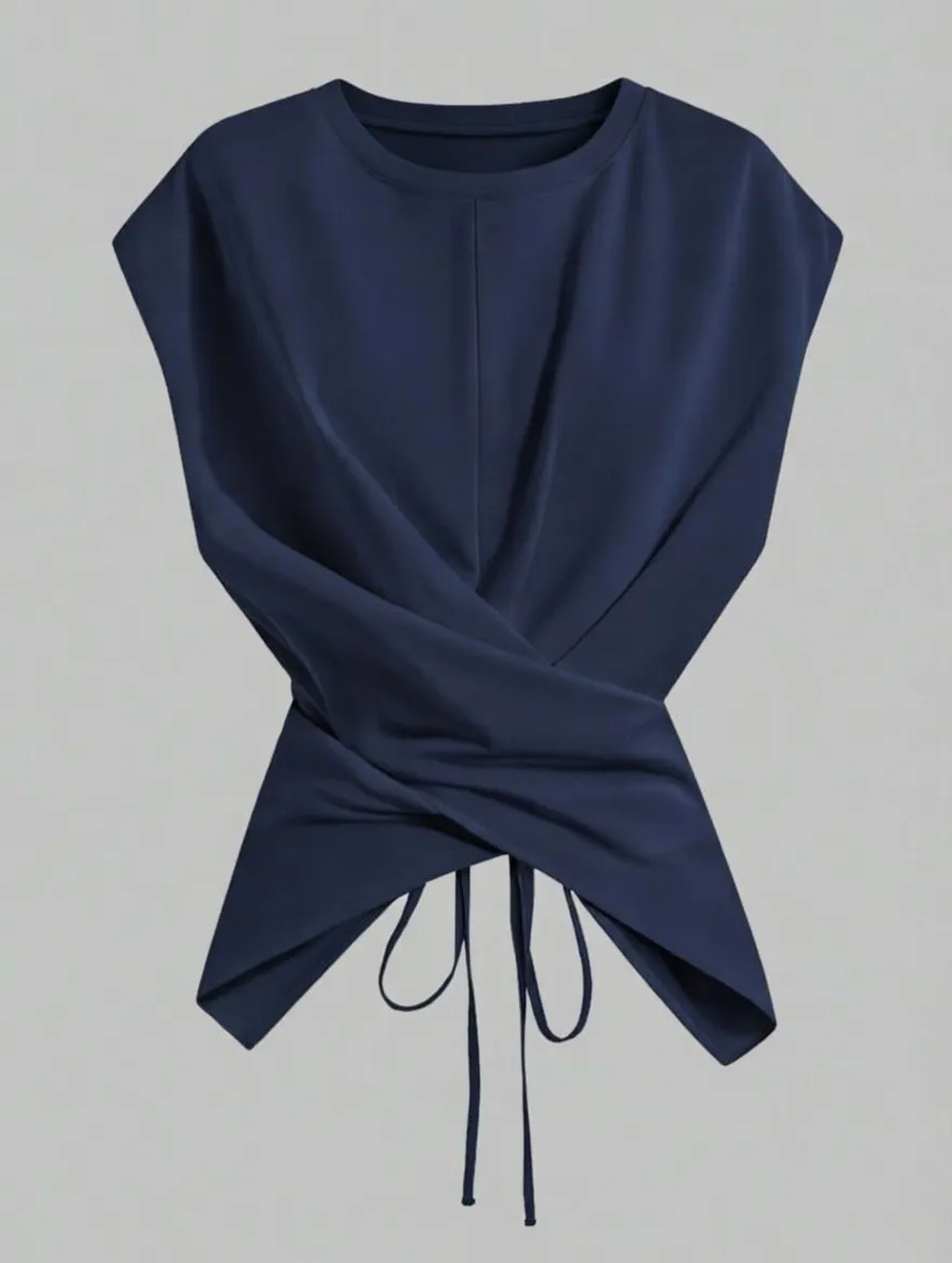 Women’s Knit Criss Cross Back Tie T-Shirt – Asymmetrical Casual Top