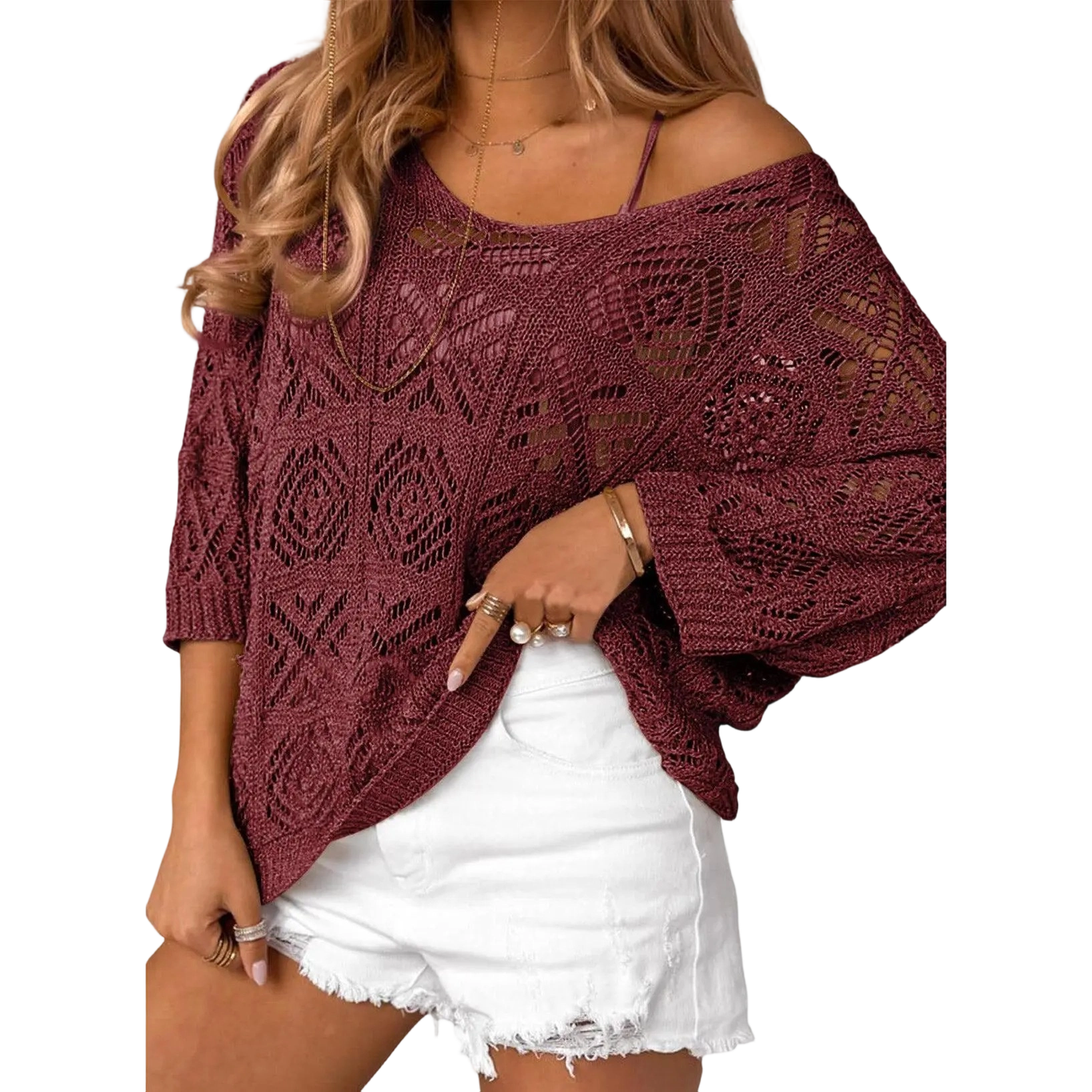✨ Women’s Crochet Hollow-Out Off-Shoulder Top – Lightweight 3/4 Sleeve Summer Sweater