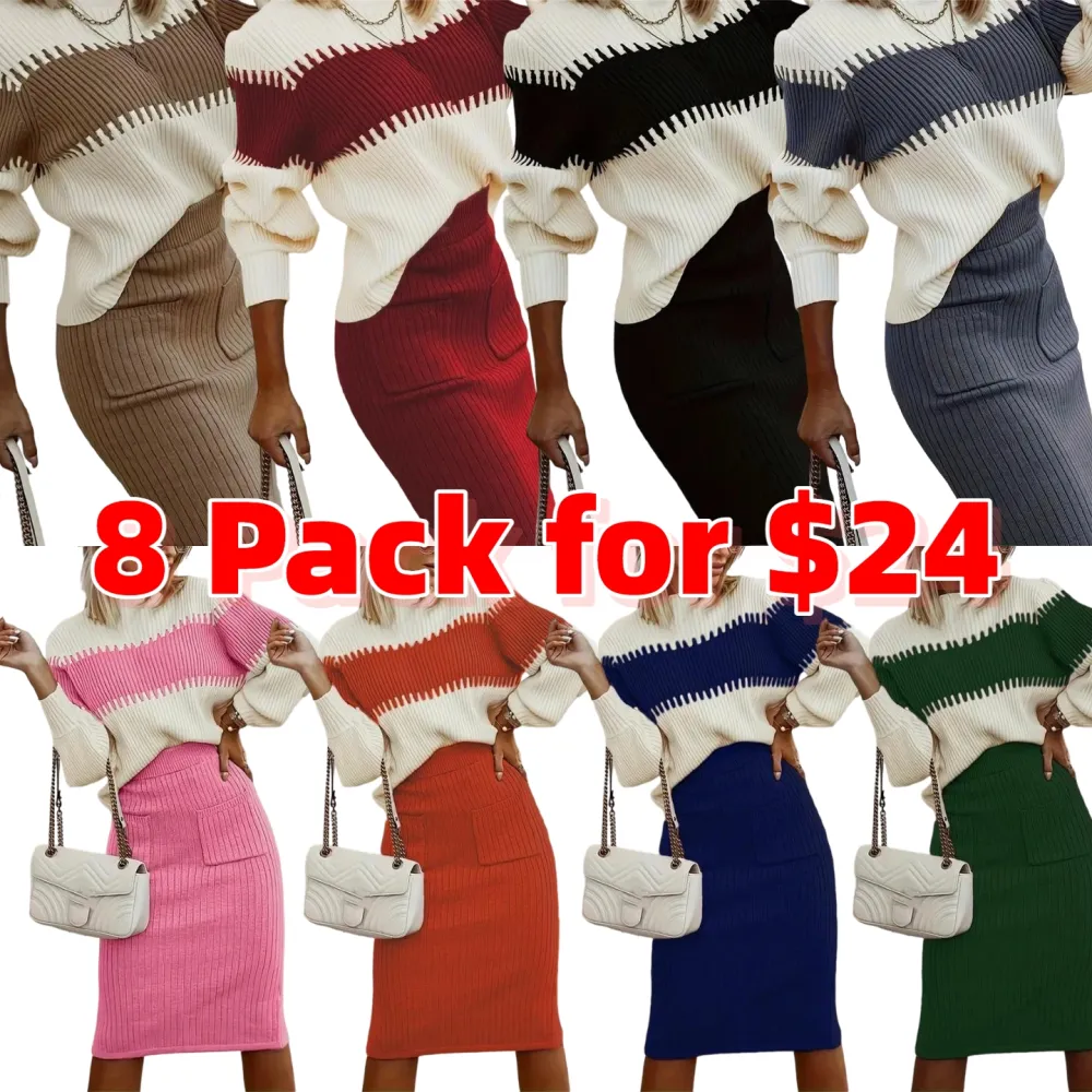 Women's Colorblock Bishop Sleeve Mock Neck Sweater & High Waist Skirt Set
