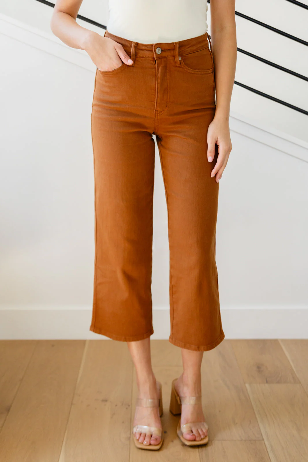 Blue Briar High Rise Control Top Wide Leg Crop Jeans in Camel