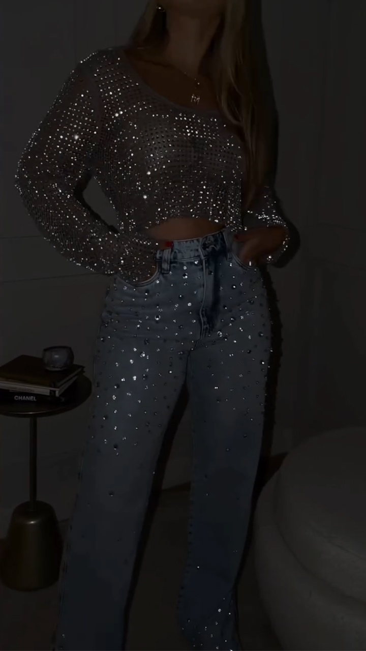 Women Round Neck Rhinestone Top+ Jeans Casual Set