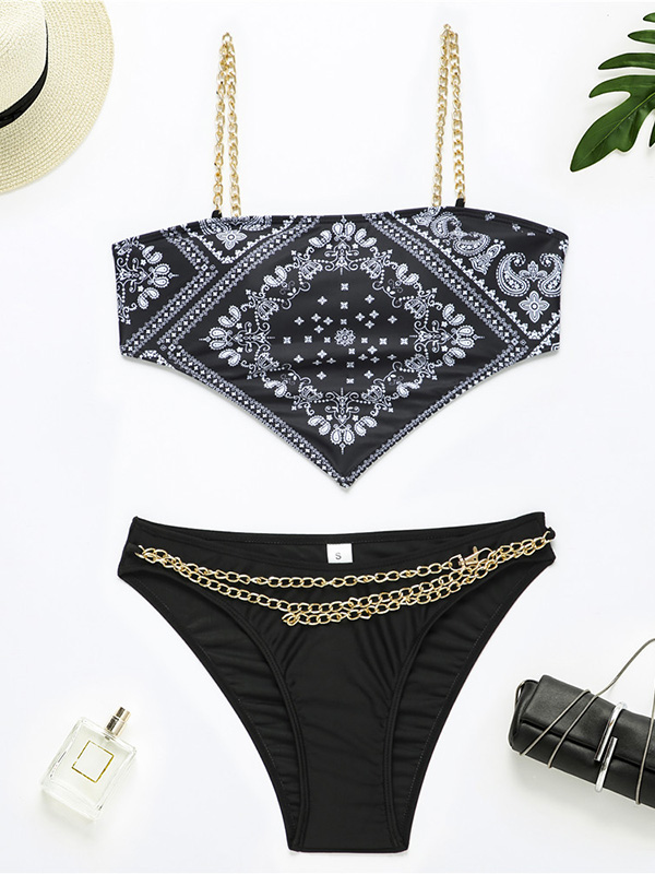 Ethnic Printed Metal Chain Spaghetti-Neck Bikini Swimwear