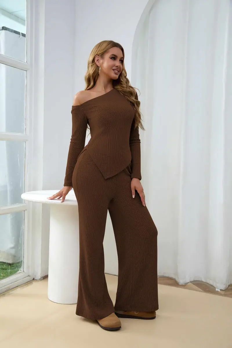 Chic Sherpa Set for Women Asymmetric Shoulder Top & High Waist Wide Leg Pants