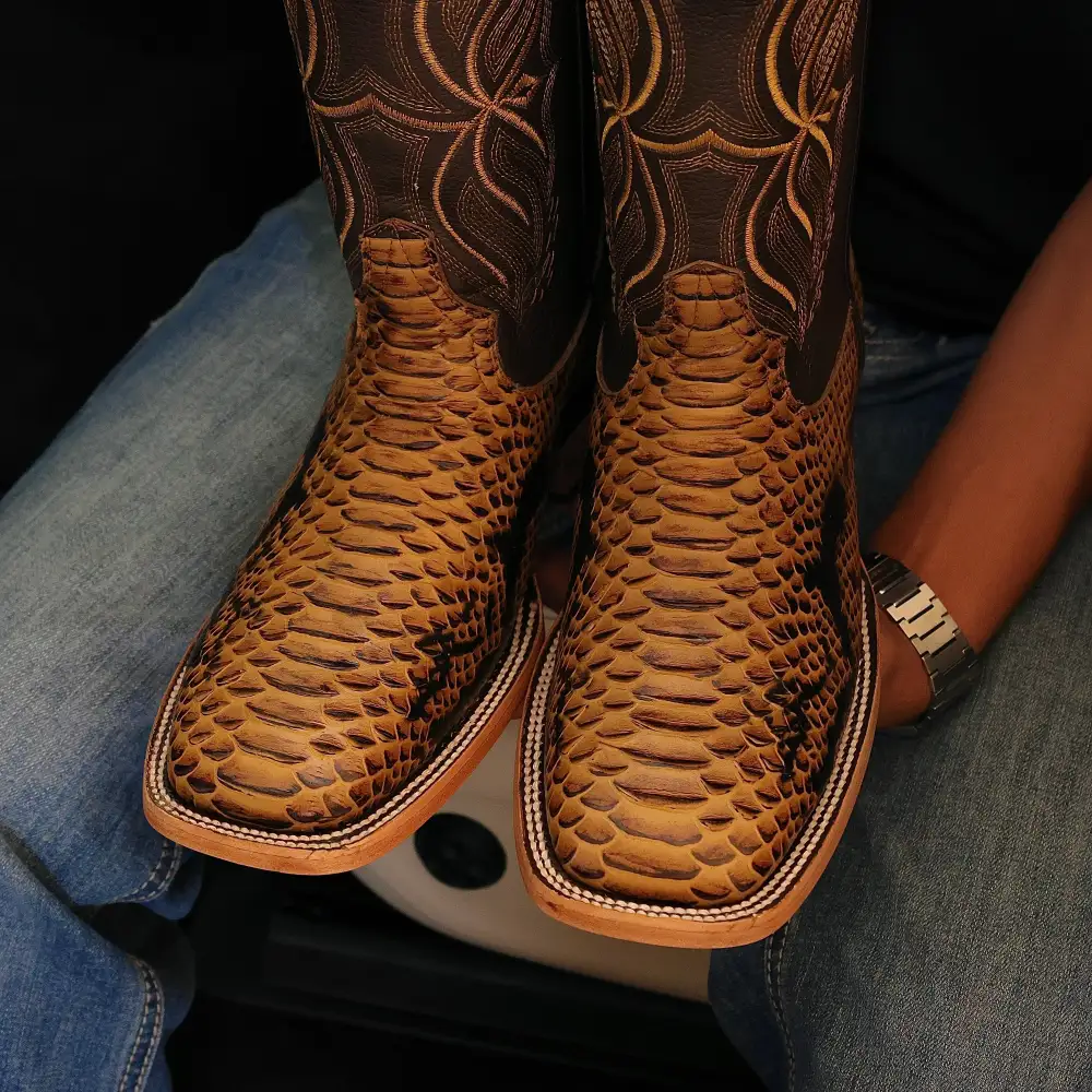 Honey Python Leather Boots — Square Toe