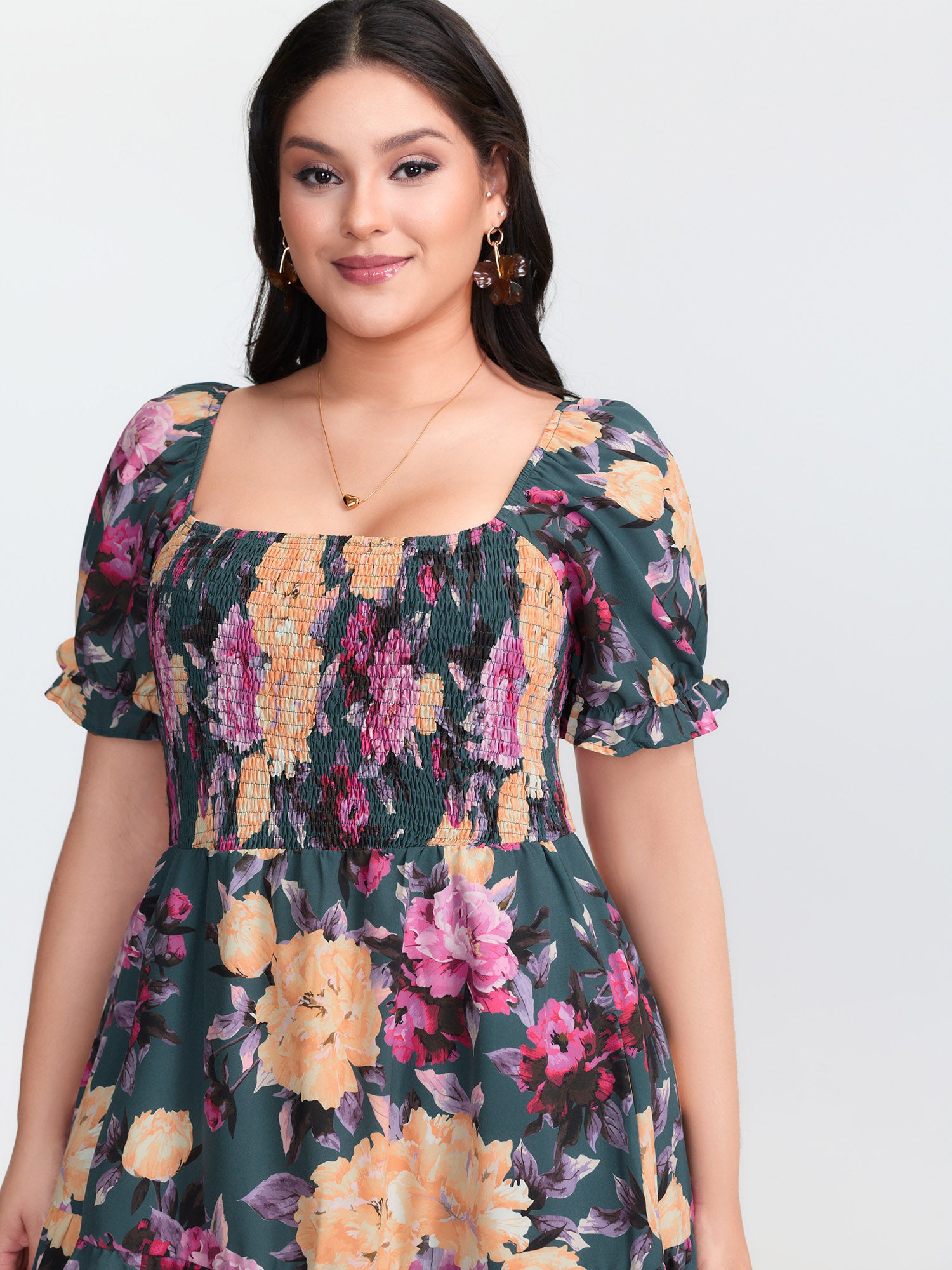 Floral Print Shirred Bodice Midi Dress