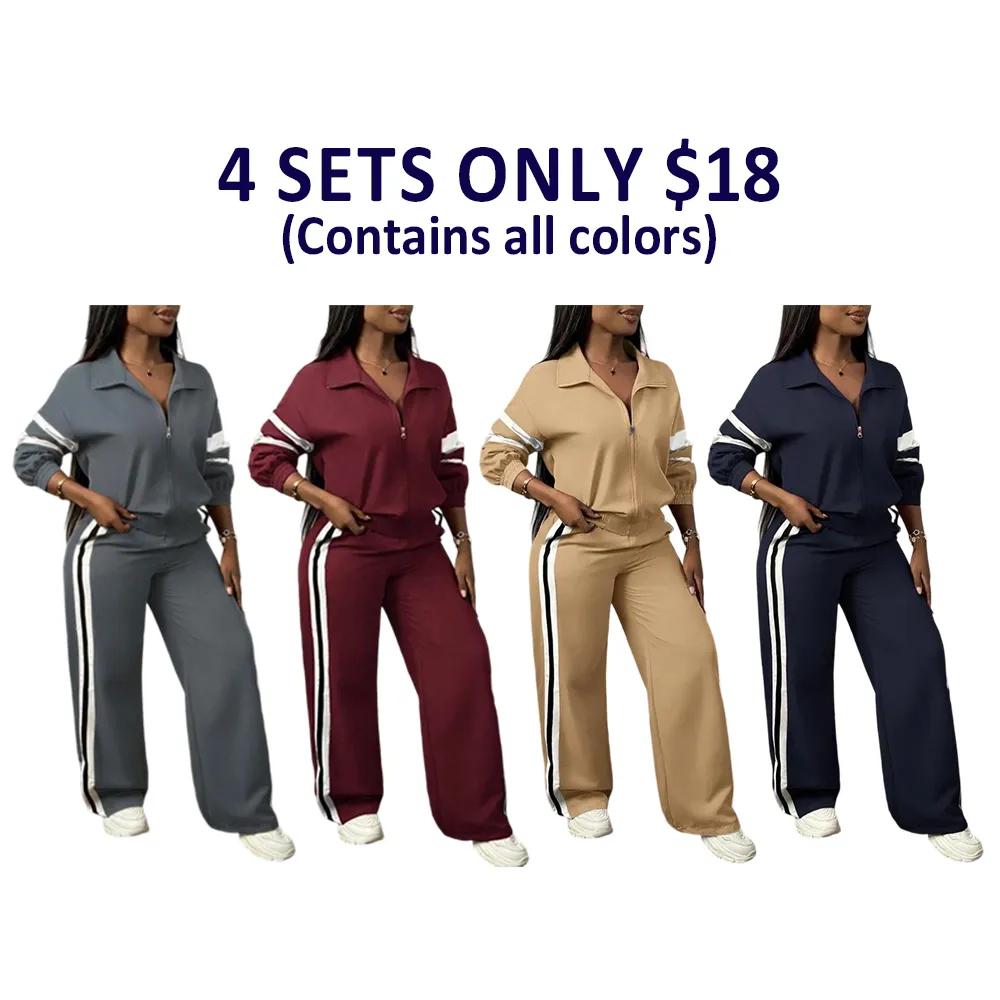 Women'S Zipper Jacket & Striped Wide-Leg Pants Set, Streetwear & Casual, Two-Piece Suit For Daily Wear