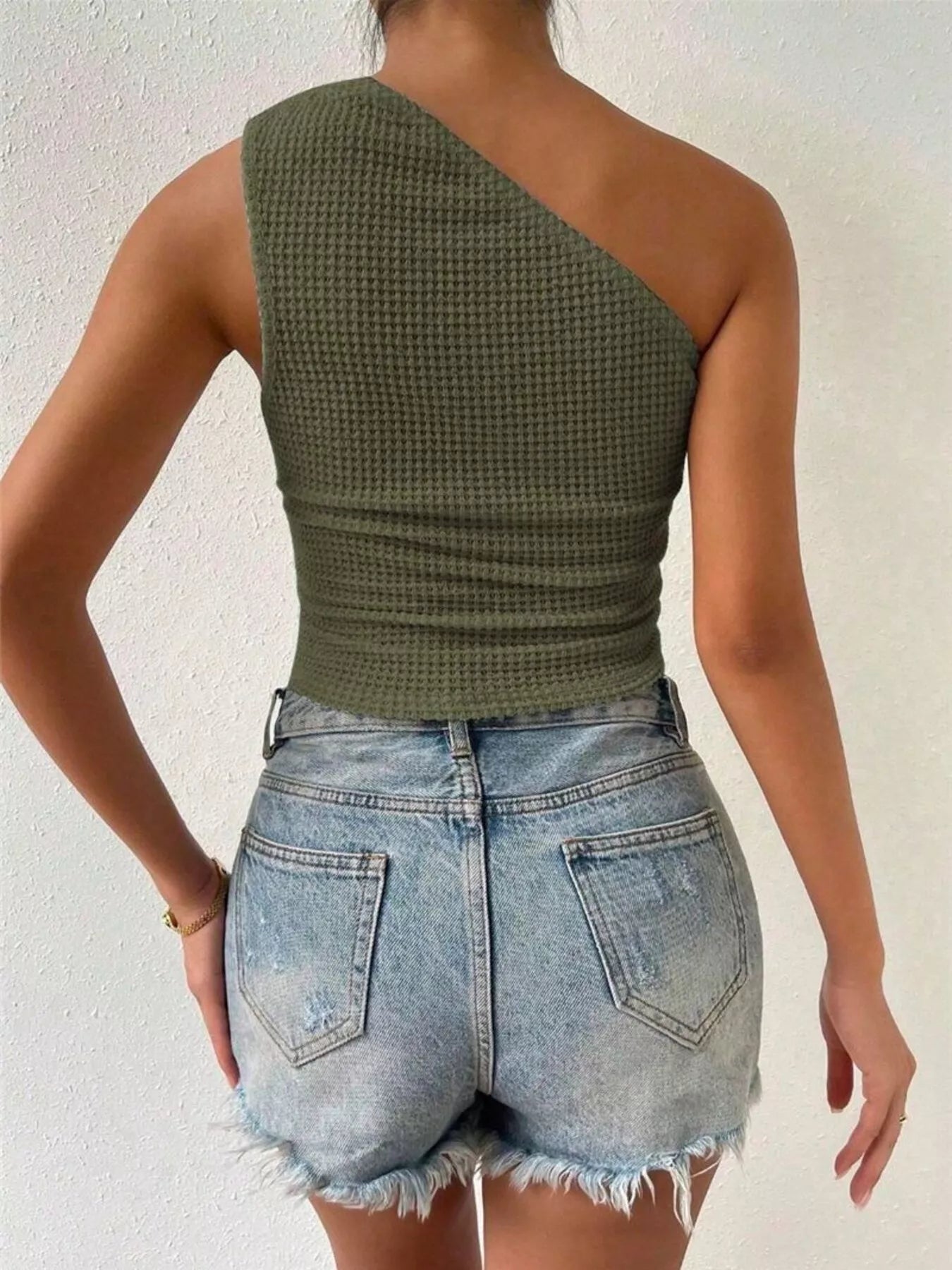 Textured Waffle Knit One-Shoulder Tank