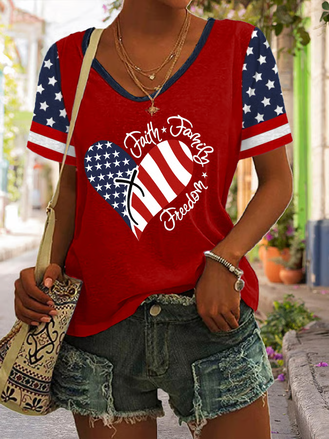 Casual Independence Day (Flag) V Neck Short Sleeve T-shirt