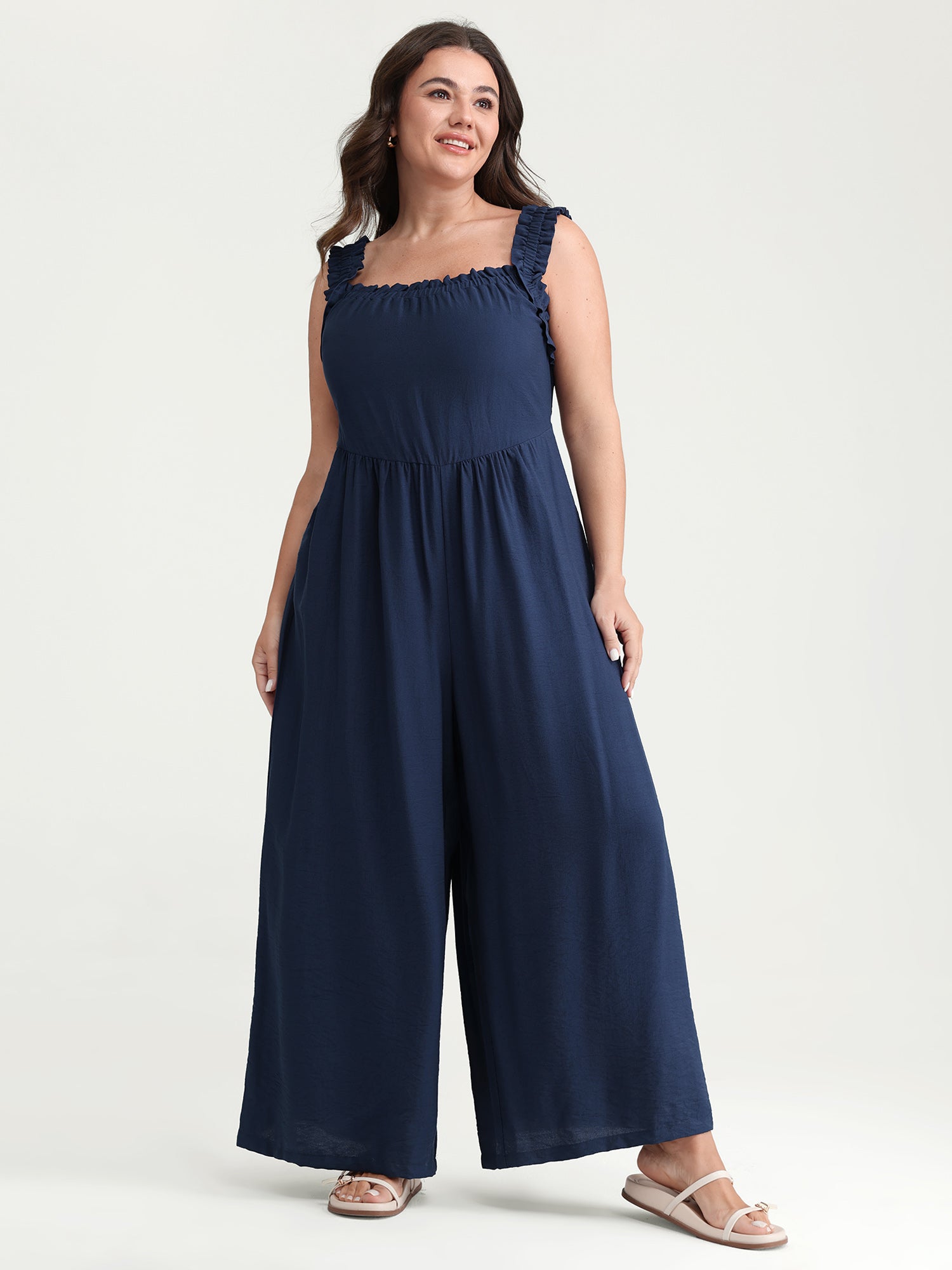 Shirred Wide-Straps Wide-Leg Jumpsuit