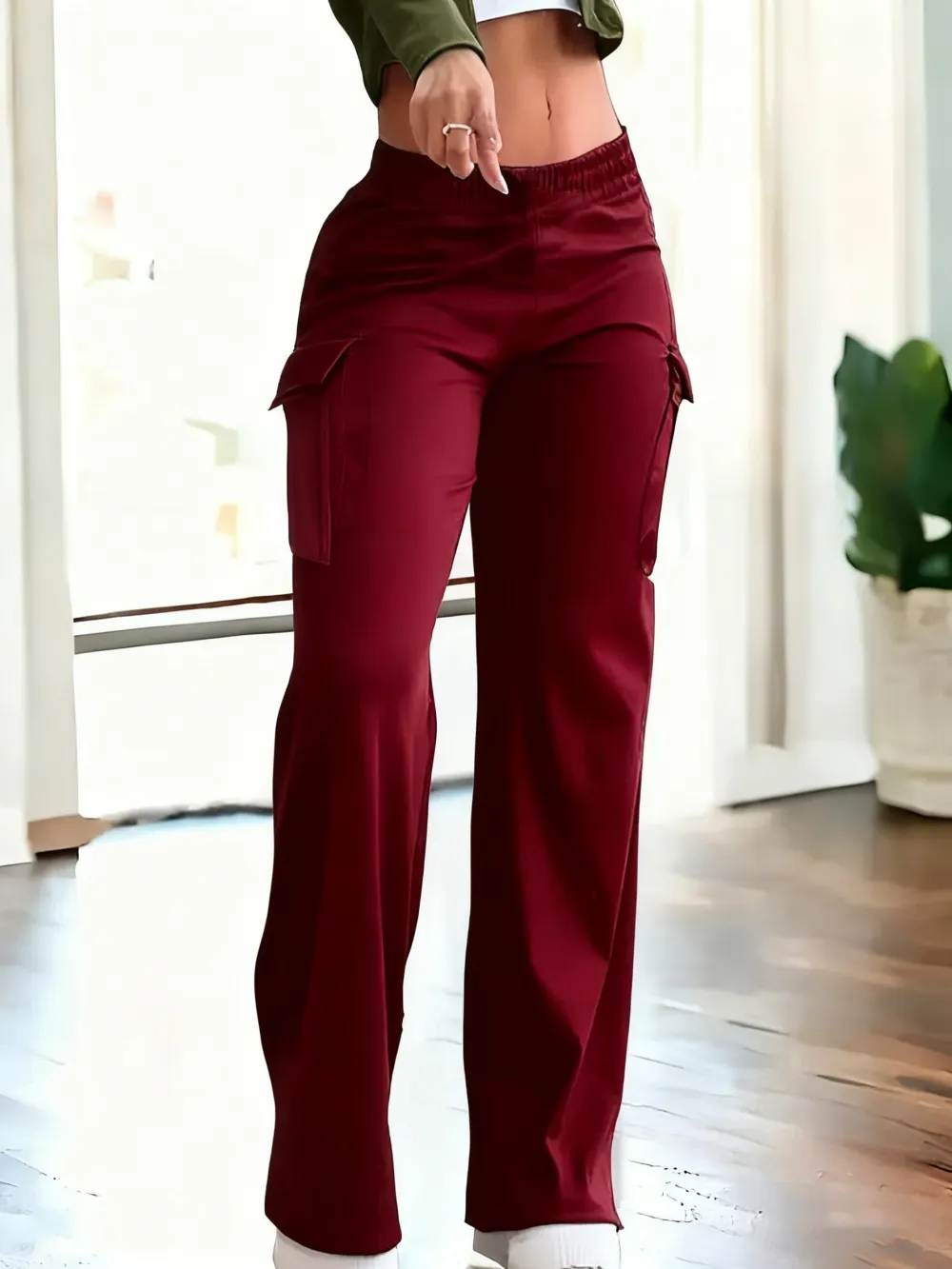 Women's Solid Color Flap Pocket Pants