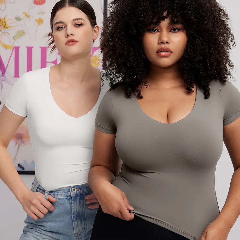 V-Neck Short Sleeve Basic Women's Slimming Fit Top