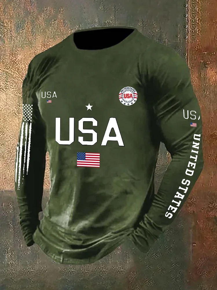 Men'S Retro American Flag Independence Day 250Th Anniversary Commemorative Edition Classic Printed Long Sleeve