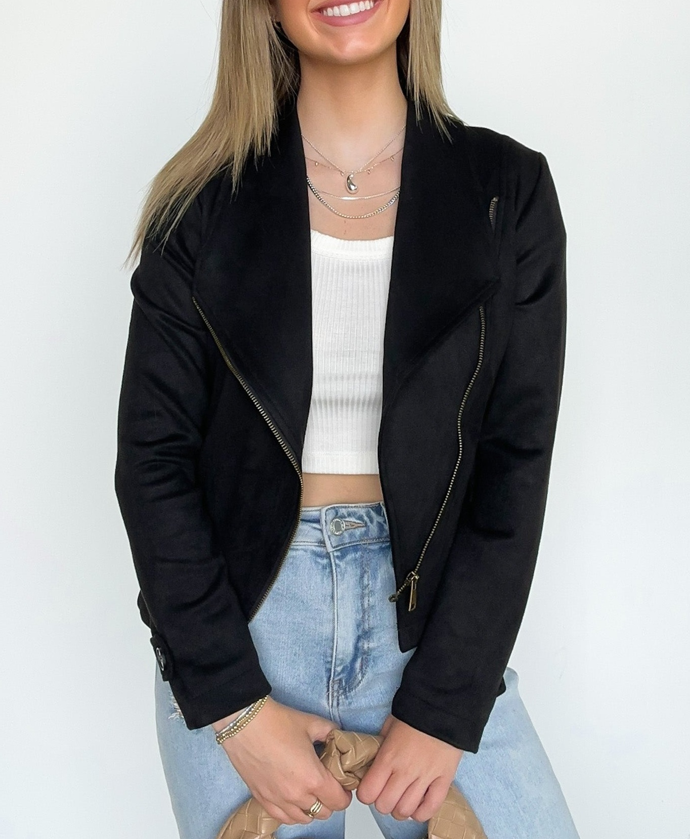 Faux Suede Zip Up Moto Jacket