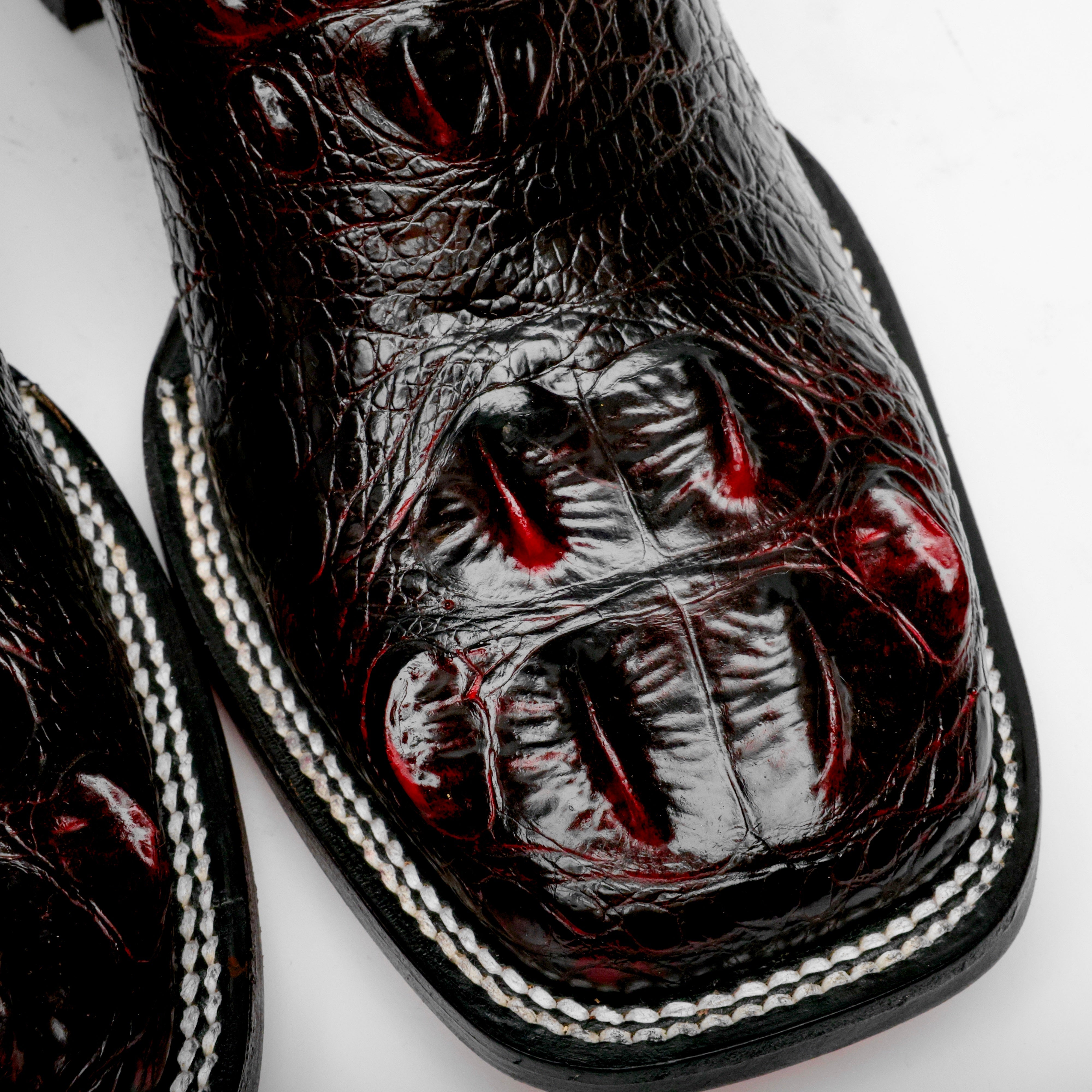 Black Cherry Giant Caiman Neck Leather Boots - Square Toe