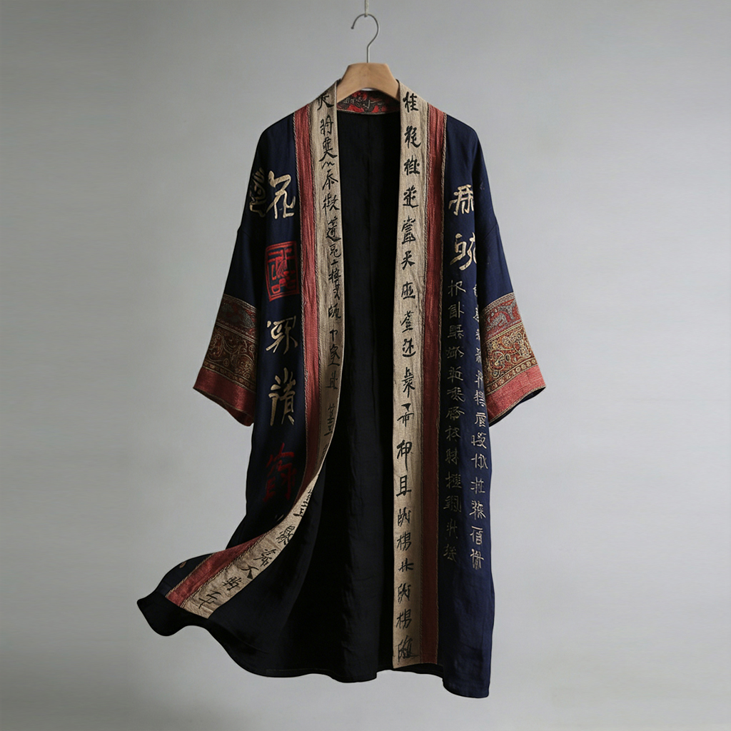 Men's Retro Calligraphy And Painting Art Linen Long Kimono