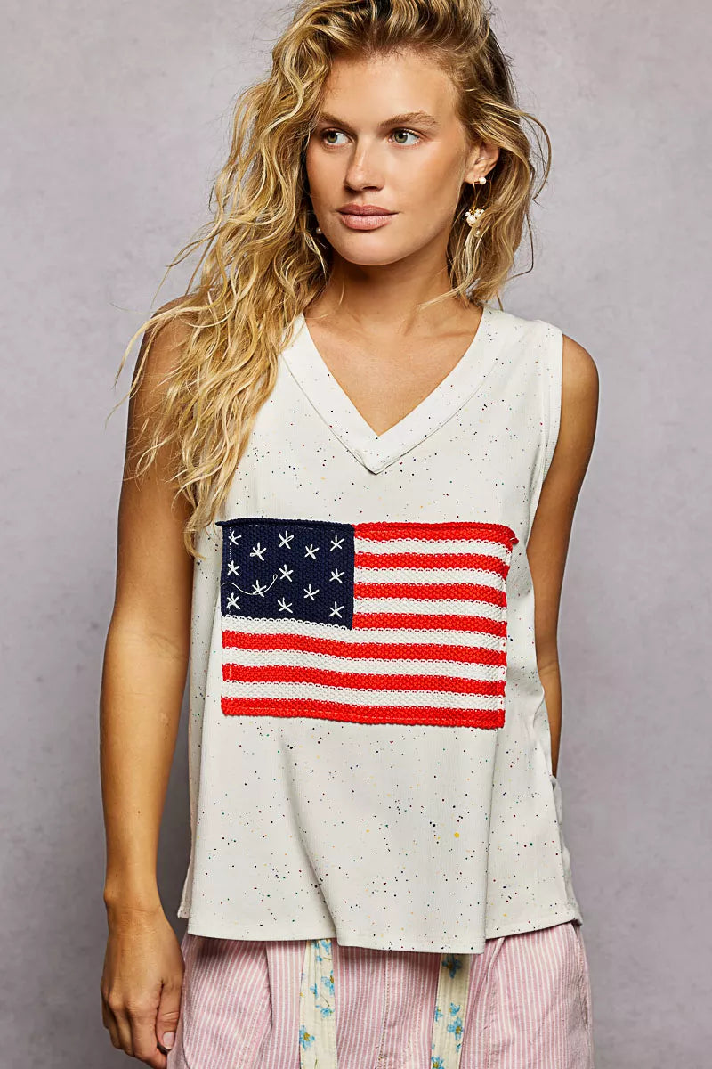 POL V-Neck Ribbed Tank with American Flag Patch and Star Back Patch