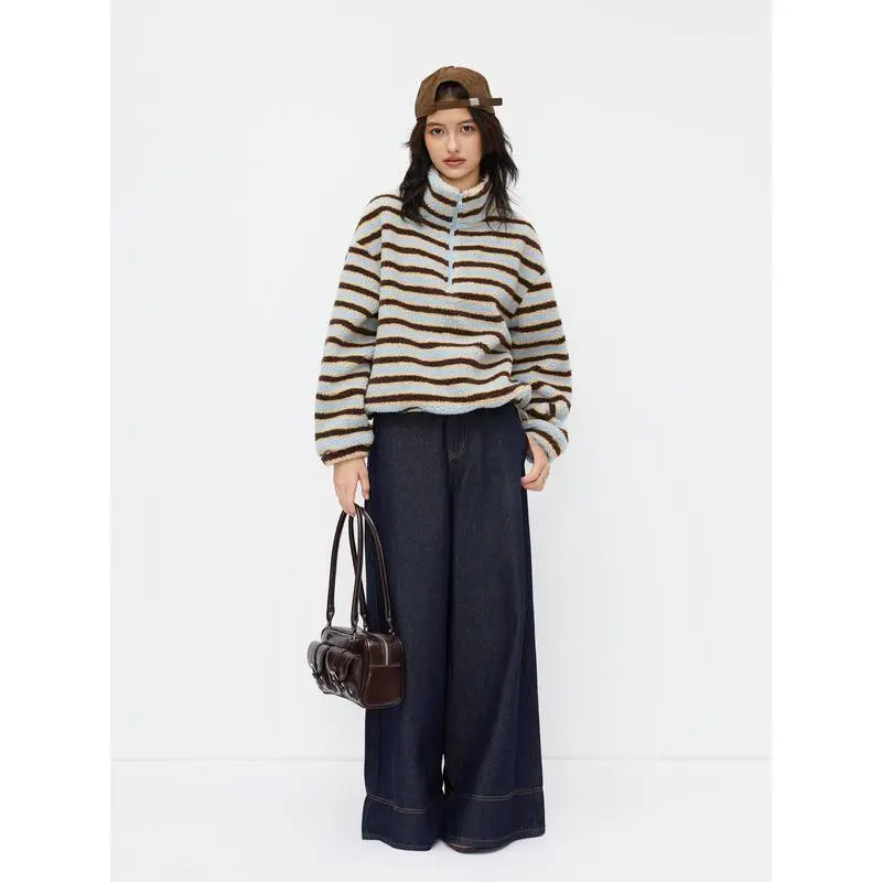 Fleece Stripe Stand Collar Drawstring Half Zip Oversized Sweatshirt