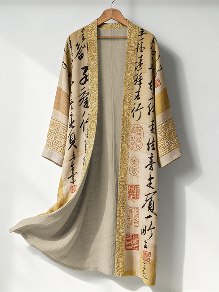Men's Retro Calligraphy Art Print Linen Long Kimono