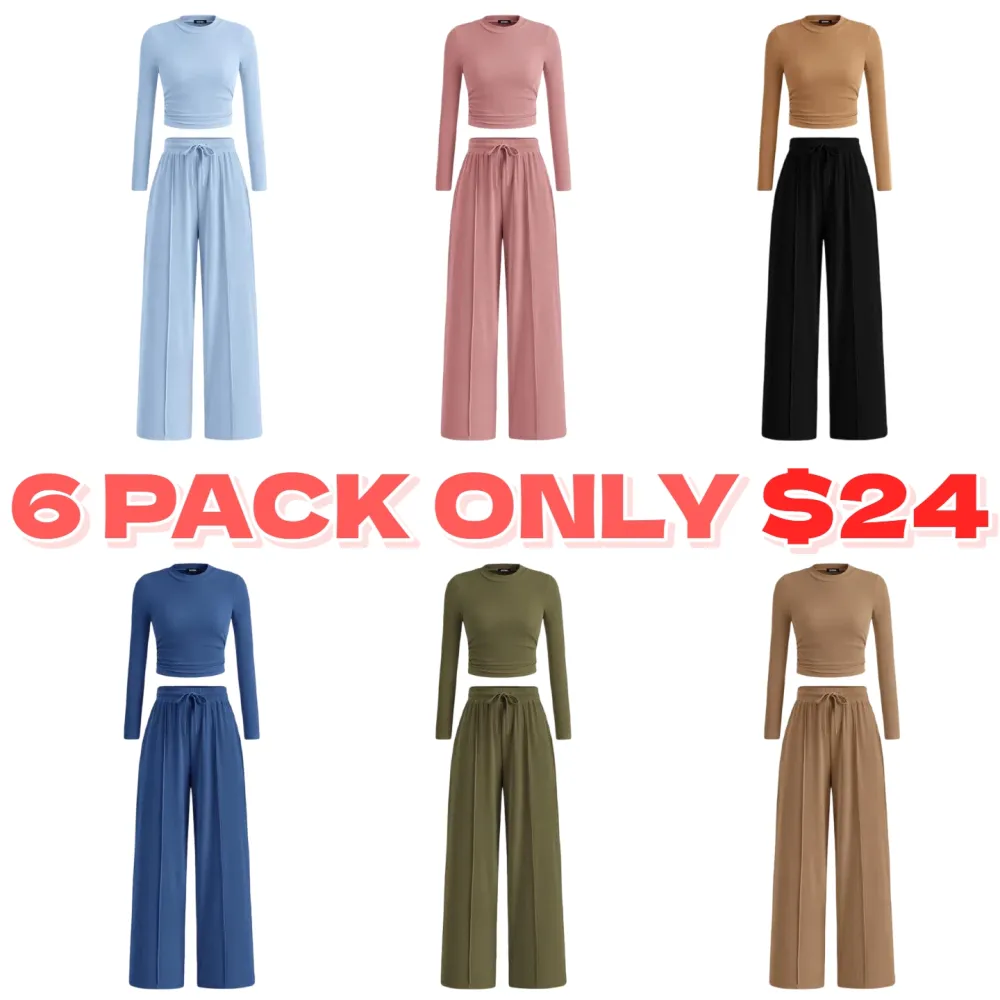 ✨2-Piece Ribbed Knit Long Sleeve Crop Top Wide Leg Pants Lounge Set🔥