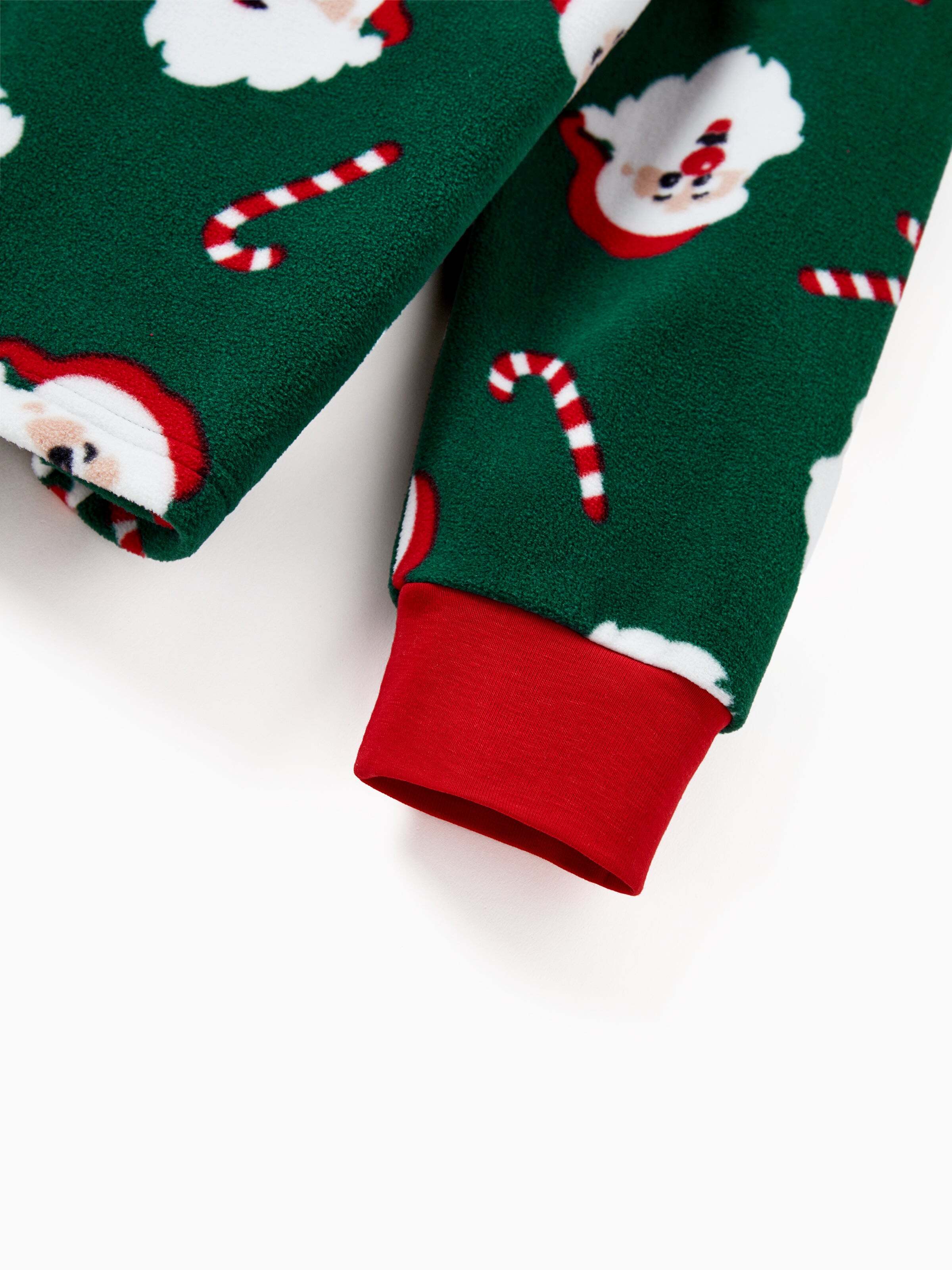 Christmas Matching Family Fleece Pajamas Set Santa Claus and Candy Cane Print PJS with Christmas Socks Dark Green
