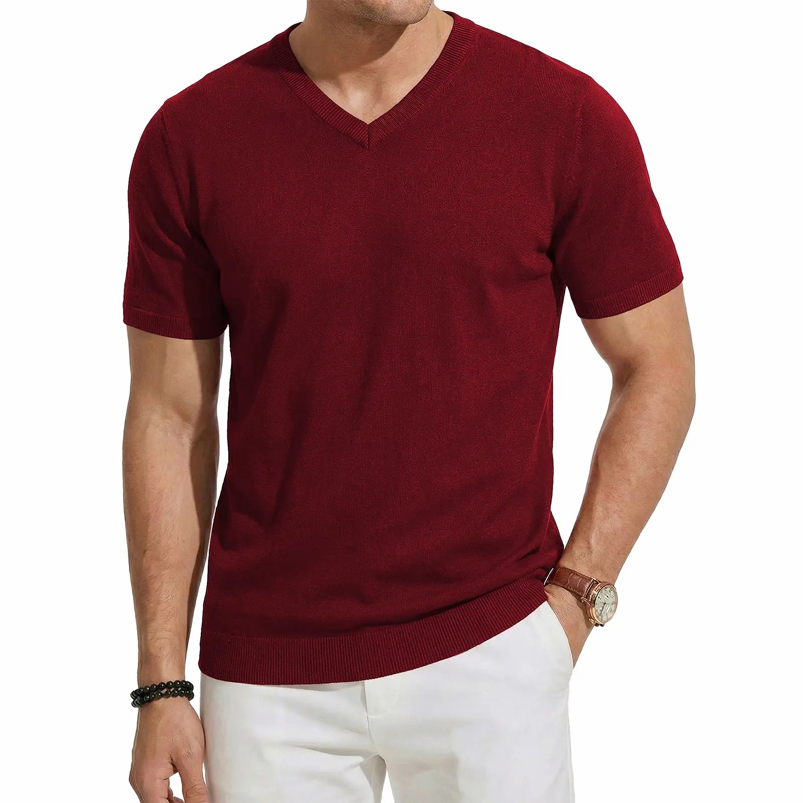 Men's Wool Blend Short Sleeve V-Neck Sweater Soft Textured Knit Pullover for Business Casual Wear