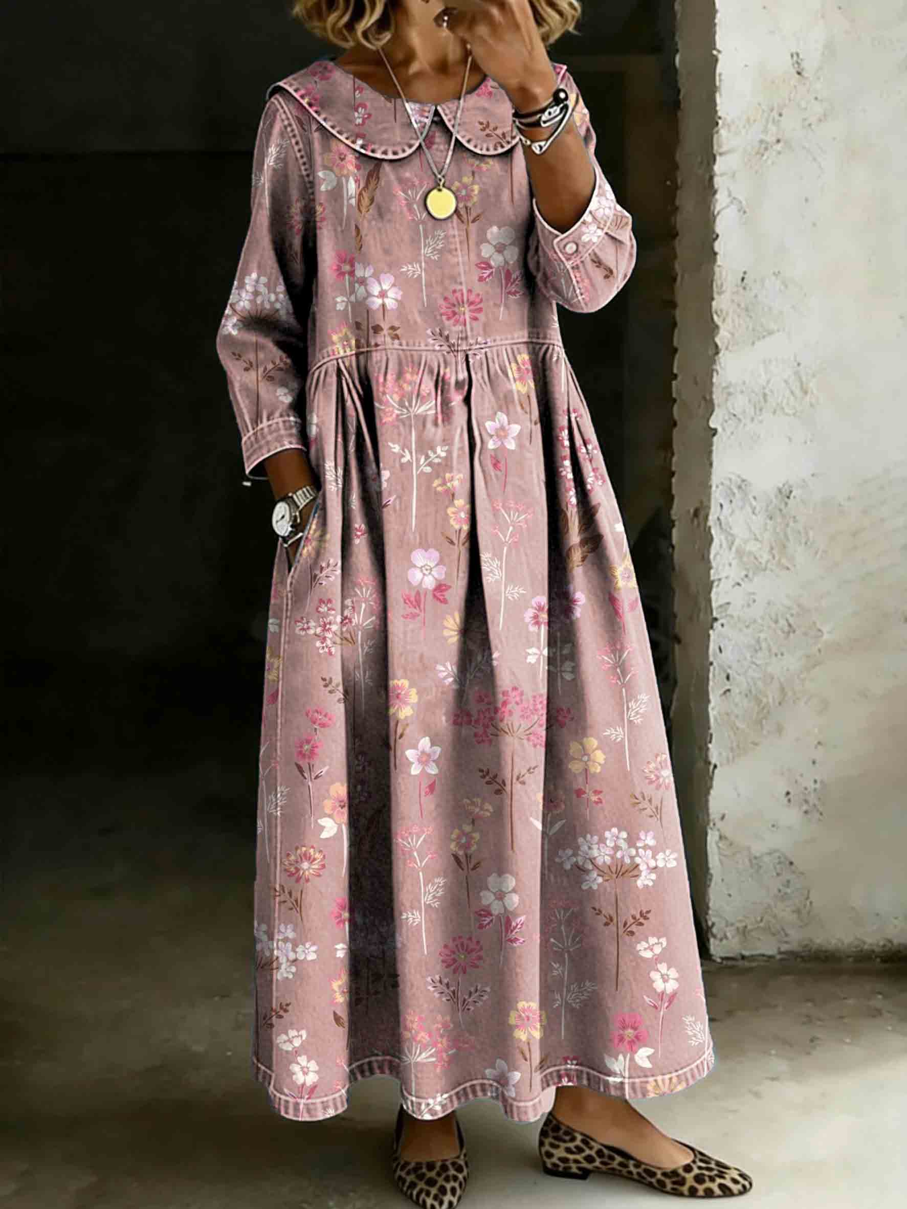 Women's Vintage Pink Floral Print Lapel Collar Pleated Long Sleeve Casual Loose Denim Dress